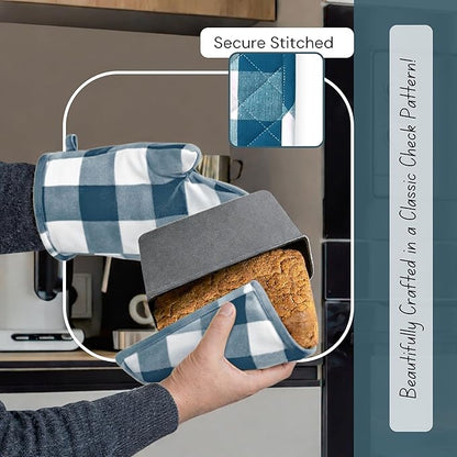Native Fab Buffalo Plaid Check Oven Mitts and Pot Holders Set of 4, 100% Cotton Heat Resistant Kitchen Gloves, 2 Oven Mitts (7x13), 2 Pot Holders (8x8) for Cooking & Baking, Teal Green White - Image 2