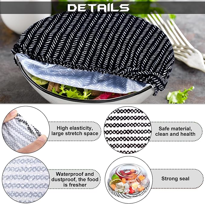 Patelai 10 Pcs Bowl Covers Reusable in 5 Size Stretch Cloth Fabric Elastic Food Storage Bowl Covers Bread Sourdough Lids for Proofing Food Fruits Leftover(Black, White, Blue,Plaid Style) - Image 3