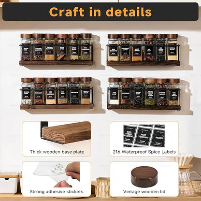 4-Tier Wall Mount Spice Rack Organizer with 24 Glass Jars, 216 Labels & Funnel - Screw/Adhesive Mount, Black Metal & Wood Spice Storage for Kitchen Pantry Cabinet, 11.6”L x 2.4”W x 3.2”H - Image 4