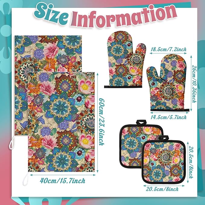 Jingmore 6 Pcs Kitchen Decor Set Accessory Farmhouse Kitchen Towels Pot Holders Oven Mitts Set 2 Dish Towels 2 Pot Holders 2 Cooking Mittens Oven Glove for Cooking(Colorful,Boho Floral) - Image 4