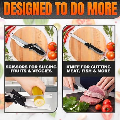 Cutting Board Scissors - 2 In 1 Kitchen Scissors with Cutting Board Knife Combo with Safety Lock and Storage Holder, Sharp Stainless Steel Blade, Dishwasher Safe - For Slicing Vegetables and Fruits