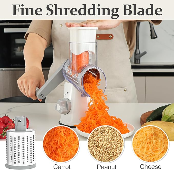 Cambom 5 in 1 Rotary Cheese Grater Hand Crank Cheese Shredder for Fresh Cheese, Vegetable, Nuts,Non-slip Suction Base, Five Blades, White - Image 6