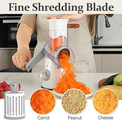 Cambom 5 in 1 Rotary Cheese Grater Hand Crank Cheese Shredder for Fresh Cheese, Vegetable, Nuts,Non-slip Suction Base, Five Blades, White - Image 6