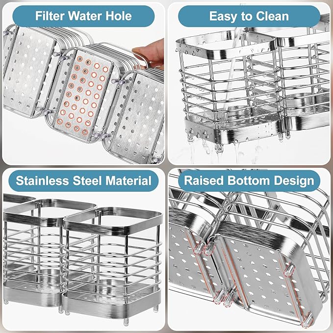 Utensil Holder, Stainless Steel Utensil Drying Rack for Kitchen Counter, Silverware Cutlery Flatware Holder Forks, Knives, Spoons, Chopsticks Organizer (Silver) - Image 3
