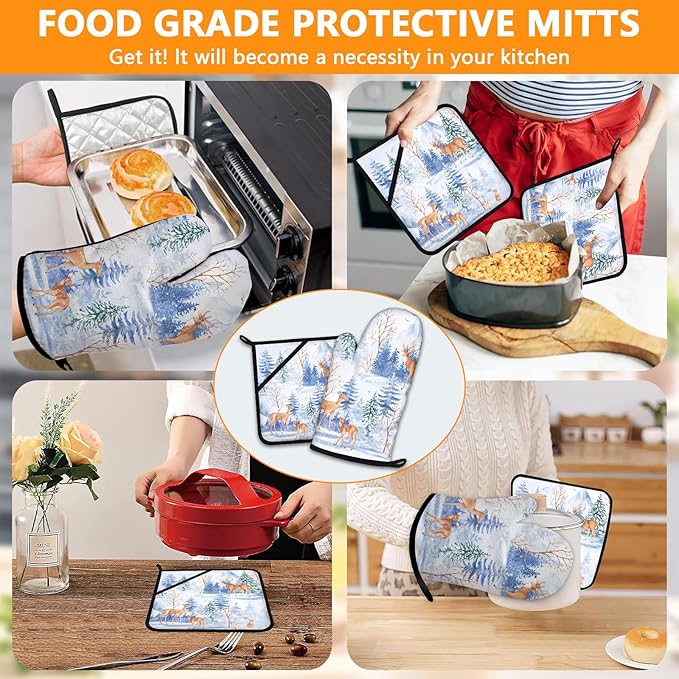 Deer Mitts and Pot Holders Sets 4Pcs,Extra Long Oven Gloves Potholder for Kitchen Cooking Baking BBQ 100% Cotton Heat Resistant - Image 7