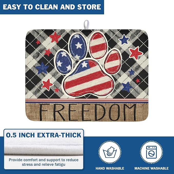 4th of July Dish Drying Mat 24x18 Inch, Patriotic Drying Mat with Absorbent Reversible Microfiber, Independence Day Dish Drainer Mats Memorial Day Rack Pad for Coffee Countertop Kitchen Protector