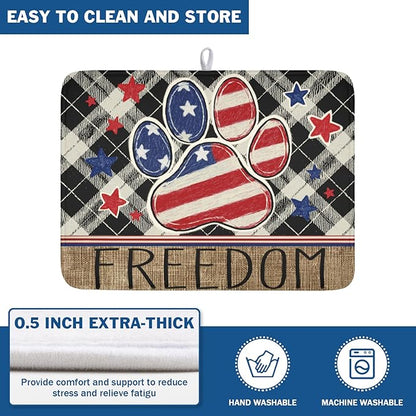4th of July Dish Drying Mat 24x18 Inch, Patriotic Drying Mat with Absorbent Reversible Microfiber, Independence Day Dish Drainer Mats Memorial Day Rack Pad for Coffee Countertop Kitchen Protector