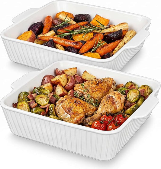 10" Square Ceramic Casserole Dish Set of 2-2.6 Qt Deep Baking Dishes with Handles for Oven, Lasagna Pan for Casseroles Cake Bread, Microwave Dishwasher Safe Bakeware Set, White by cikiciki