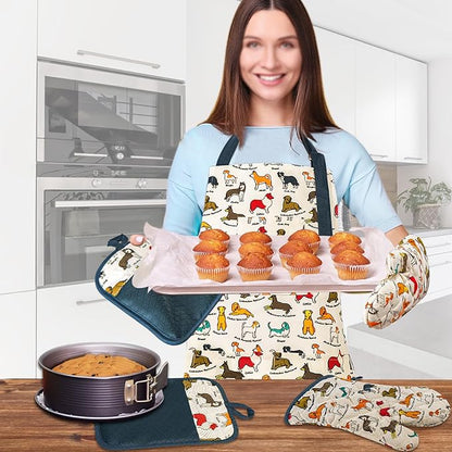 Alselo Oven Mitts and Pot Holders with Chef Apron,Set of 5 Heat Resistant Kitchen Gloves and Silicone Non-Slip Potholders Adjustable Neck Buckle Chef Apron, Cotton Nice Design for Cooking (Dog)