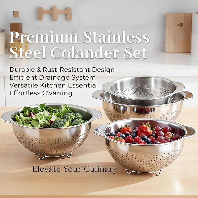 18/8 Stainless Steel Colander for Kitchen - Fine Mesh Strainer with Handle - Rice Strainer Fine Mesh for Vegetables, Fruits, Eggs, Noodles and Pasta, Collander, Dishwasher Safe (4QT)