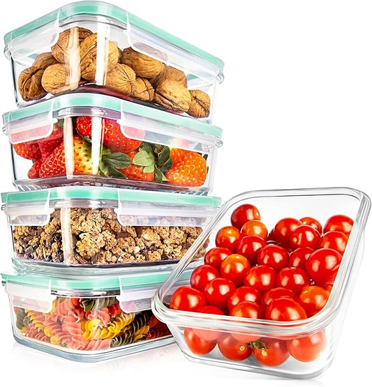 NutriChef 10 Piece Glass Food Storage Containers with Lids – 30 oz Meal Prep Containers Reusable Glass – Airtight Lunch Containers for Food Storage – Freezer to Oven Safe - Green
