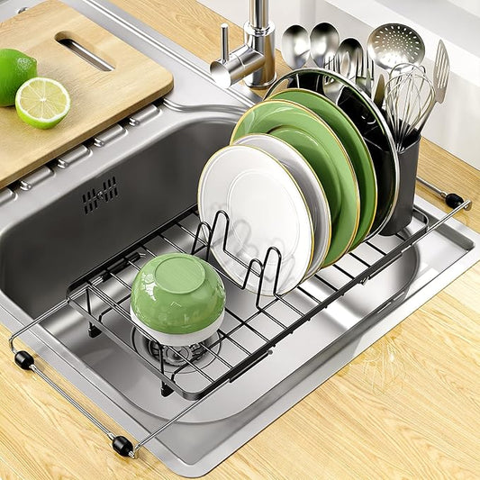 Small Dish Drying Rack, Expandable Sink Dish Rack Over Sinks, Dish Drainer for Kitchen Counter with Cutlery Holder, Space-Saving for Small Kitchens, Black