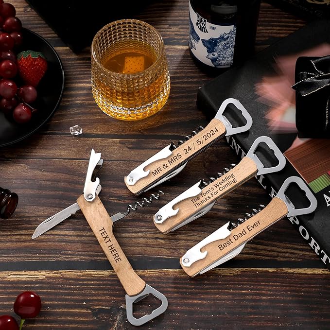 12 Pcs Wood Wine Bottle Opener Bachelor Groomsmen Gift 4 in 1 Corkscrew Wine Opener with Foil Cutter Blank DIY Engraving Gift for Wedding Proposal Party Favors(Khaki) - Image 4