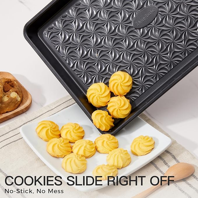 HONGBAKE Nonstick Baking Sheet Pan Set of 3, Cookie Sheets for Oven, Non-Toxic Half/Quarter/Jelly Roll Pans with Floral Swirl Texture, Heavy Duty 0.8mm Thick Oven Trays for Cooking, Dark Gray - Image 2