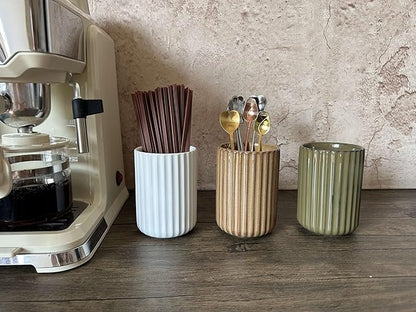 TOPYOKK Stoneware Coffee Bar Utensil Holder Tea & Coffee Spoon & Stirrer Holder for Stir Stick Straw Teaspoon Holder Spoon Cup Small Utensil Jar Fluted Vertical Stripe (Rustic Brown) - Image 2