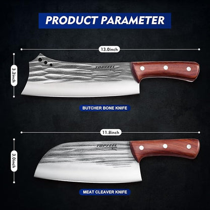 Topfeel 2PCS Meat Cleaver & Heavy Duty Bone Chopper Knife Set, Hand Forged German High Carbon Stainless Steel Butcher Knife for Home Kitchen & Outdoor