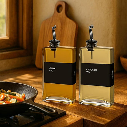 Spaceneat Olive Oil Dispenser Bottle - Includes 44 Kitchen Essential Labels - Cooking Oil Bottles for Kitchen, Coffee Syrup Dispenser - Pourer Spout with 11.8 fl oz Glass Container Cruet - 2pcs, Black - Image 7