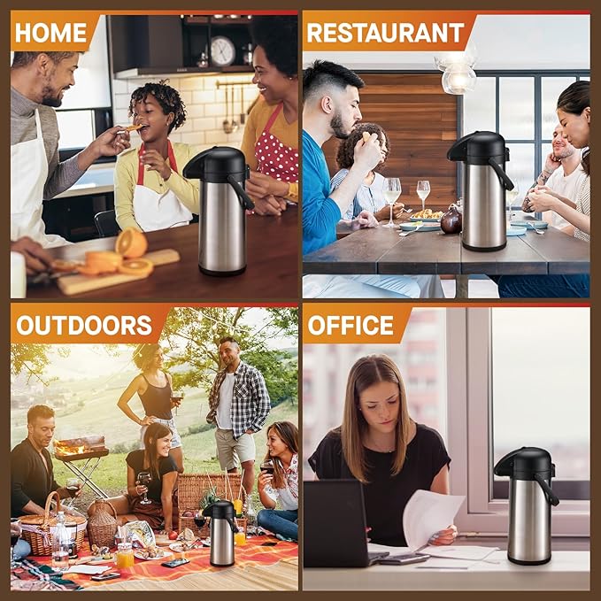 Airpot Coffee Dispenser with Pump - 2Pcs 102 oz Insulated Stainless Steel Coffee Carafe - Thermal Beverage Dispenser - Coffee Urn for Hot/Cold Water, Party Chocolate Drinks - Image 7