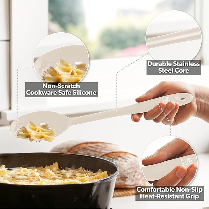 DI ORO Silicone Spoons for Cooking - Large Kitchen Spoons for Mixing, Serving, & Stirring - 600°F Heat-Resistant Non Stick Utensils – Big Solid & Slotted Basting Spoons - Dishwasher Safe (2pc, Clay) - Image 3