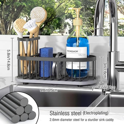 Sponge Holder for Kitchen Sink with High Brush Holder, [Stay-Dry Anywhere & No Drainage Needed] Rustproof Stainless Steel Kitchen Sink Caddy Organizer with Water Absorbing Stone Tray, Grey - Image 5