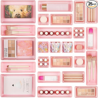 Vtopmart 25 PCS Plastic Drawer Organizers Set, 4-Size Versatile Bathroom and Vanity Drawer Organizer Trays, Storage Bins for Makeup, Bedroom, Kitchen Gadgets Utensils and Office by Vtopmart