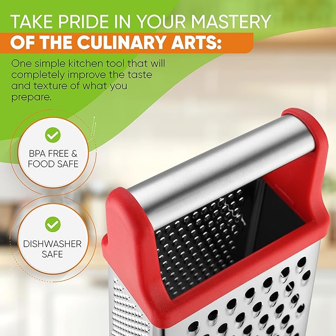 Spring Chef Professional Cheese Grater - Stainless Steel 4 Sided Box Grater for Kitchen, XL Size - Perfect Shredder for Parmesan Cheese, Carrot, Potato, Ginger - Dishwasher Safe - Red - Image 5