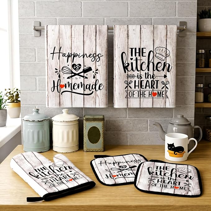 Sratte 6 Pcs Kitchen Decor Accessories Set Farmhouse Towels Pot Holders Oven Mitts Set 2 Dish Towels 2 Potholders 2 Cooking Mittens Oven Glove for Christmas Baking Cooking(White Wood Grain) - Image 2
