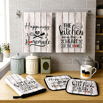 Sratte 6 Pcs Kitchen Decor Accessories Set Farmhouse Towels Pot Holders Oven Mitts Set 2 Dish Towels 2 Potholders 2 Cooking Mittens Oven Glove for Christmas Baking Cooking(White Wood Grain) - Image 2