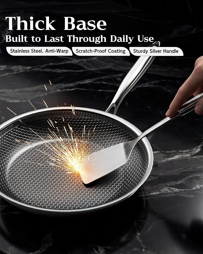 Honeycomb Stainless Steel Nonstick Frying Pan, Induction Cooktop Compatible Skillet, PFOA-Free Scratch-Proof, Dishwasher & Oven Safe, Stay-Cool Handle, Silver Kitchen - Image 6