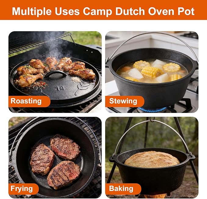 10 QT Pre-Seasoned Cast Iron Camp Dutch Oven with Lid, Large Camping Dutch Oven Pot, incl. Lid Lifter - Dual Handles - for Outdoor Campfire, Grill, Oven&Stovetop Cooking - Black - Image 6