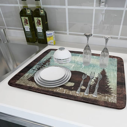 Giwawa Retro Brown Bear Forest Cabin Dish Drying Mat Countertop 18x24 Fall Blue Sky Cloud Cartoon Wild Animal Bushes Drainer Mat Pine Tree Grass Dishes Pad Rustic Floral Dish Drainer Rack Wildlife