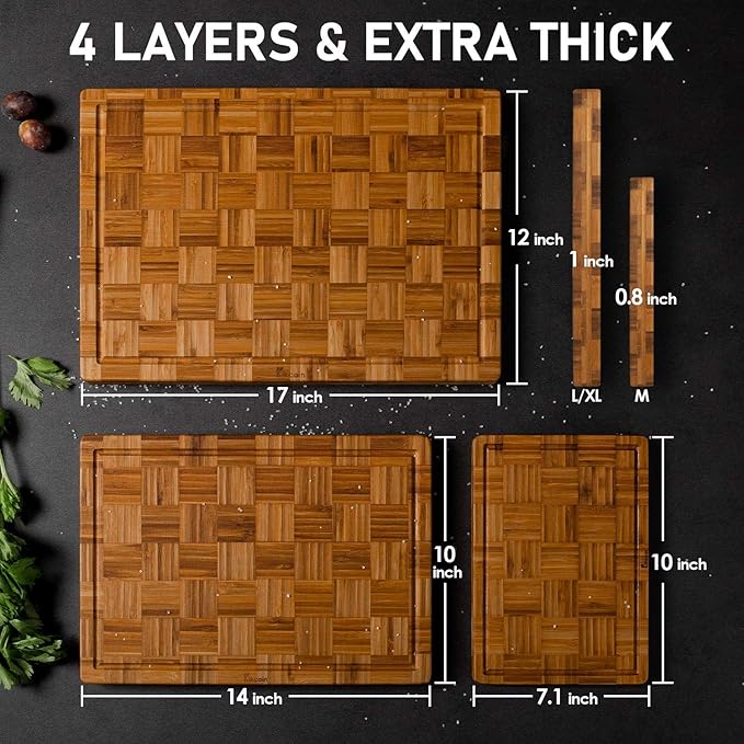 Kikcoin Extra Large Bamboo Cutting Boards, (Set of 3) Chopping Boards with Juice Groove Bamboo Wood Cutting Board Set Butcher Block for Kitchen, End Grain Serving Tray - Image 2