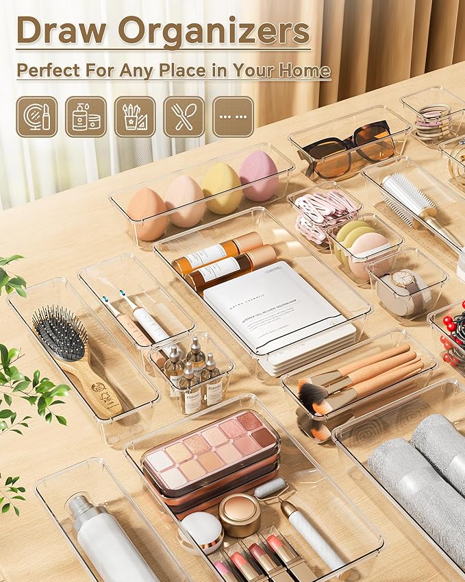 KEMETHY 25 PCS Plastic Drawer Organizers Set, 4 Sizes Vanity Organizer, Makeup and Desk Drawer Organizer Trays, Organization and Storage for Makeup, Bathroom, Kitchen Utensils and Office (Clear) - Image 6