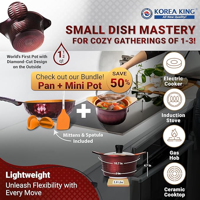 Korea King Premium Nonstick Cooking Pot with Glass Lid - Made in Korea - 1.5 Quarts Ceramic-Coated Simmer Pasta Pot, Multi Cookware Compatible for Ramen Noodle Soup, Stew, Rice, Dishwasher Safe