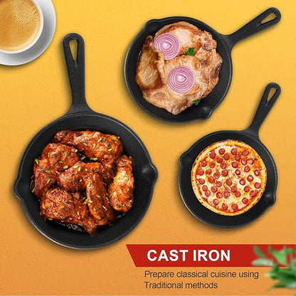 Pre-Seasoned Cast Iron Skillet Set - 3 Piece Frying Pan With Heat-Resistant Handles (6, 8, 10 Inch) for Frying, Saute, Pizza, Oven Safe (Black) - Image 5