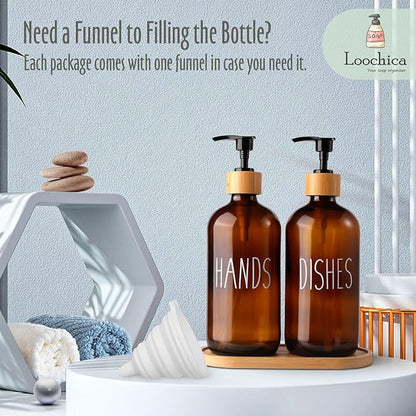 LOOCHICA Amber Glass Soap Dispenser Set with Tray, Amber Dish and Hand Soap Dispenser Set, Refillable Reusable Apothecary Soap Pump Dispenser Bottles for Bathroom and Kitchen - Image 3