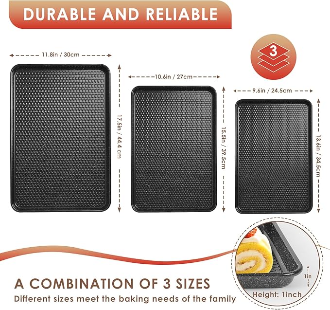 Baking Sheet Pan Set of 3, Nonstick Carbon Steel Cookie Sheets with Texture, Commercial Half/Quarter/Jelly Roll Pans Replacement Toaster Oven Tray, Heavy Duty & Easy Clean, Black - Image 2