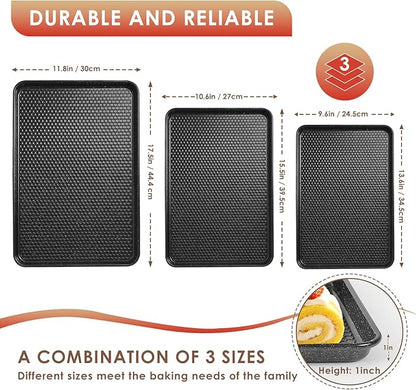 Baking Sheet Pan Set of 3, Nonstick Carbon Steel Cookie Sheets with Texture, Commercial Half/Quarter/Jelly Roll Pans Replacement Toaster Oven Tray, Heavy Duty & Easy Clean, Black - Image 2
