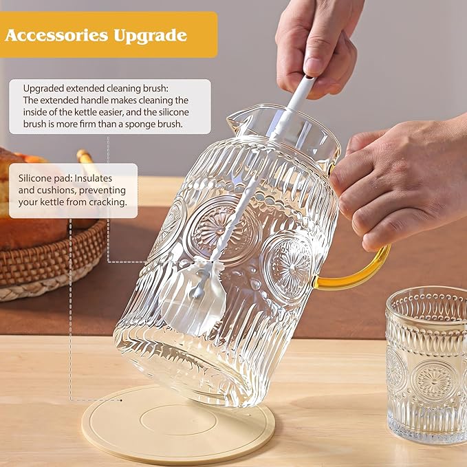 2 Pack Vintage Glass Pitchers with Lid and 2 Cups, 68oz/ 2 Liter Glass Water Pitcher with Handle and Lid for Fridge, Iced Tea, Coffee, Borosilicate Glass Carafe for Hot/Cold Brew Drink