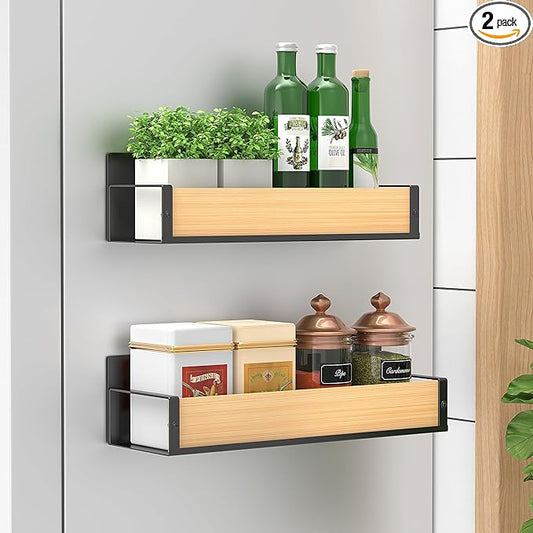 HuggieGems 2 Pack Magnetic Spice Storage Rack Organizer for Refrigerator and Oven, Wood Fridge Organizers and Storage by HuggieGems