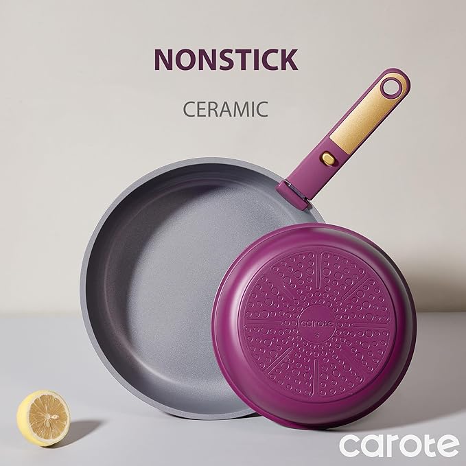 CAROTE Ceramic Pots and Pans Set, Nonstick Cookware Set Detachable Handle, 6pcs Induction Kitchen Cookware Sets Non Stick with Removable Handle, RV Cookware Set, Oven Safe, Purple - Image 3