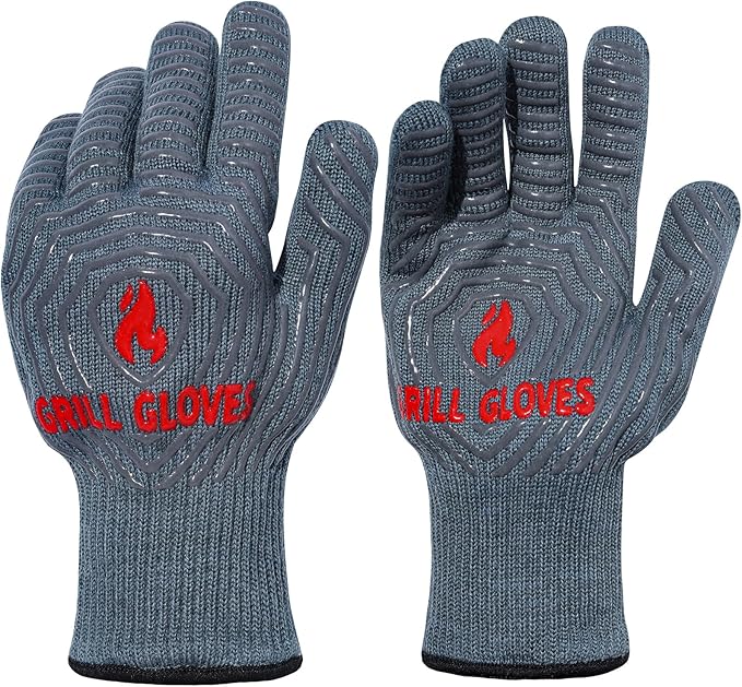 QUWIN BBQ Gloves, Oven Gloves 1472℉ Extreme Heat Resistant, Grilling Gloves Silicone Non-Slip Oven Mitts, Kitchen Gloves for BBQ, Grilling, Cooking, Baking-1 Pair… (Grey, One Size Fits Most) by QUWIN