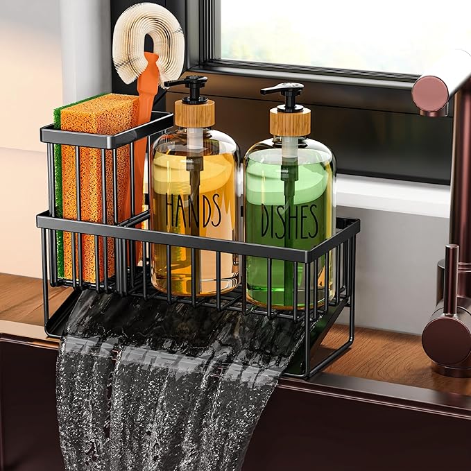 Cisily Kitchen Dish Soap Dispenser Set with Black Sponge Holder and 2 Pack 16.9oz Clear Glass, Dish Soap Dispensers for Kitchen Sink, Vintage Hand and Dish Soap Dispensers Set by CISILYHOMELIFE