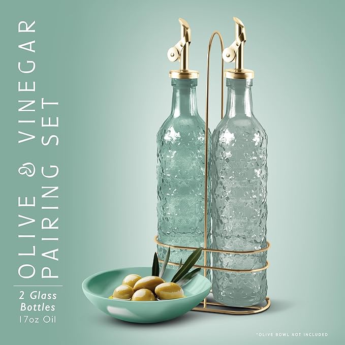 COOK WITH COLOR Glass Olive Oil Bottle Dispenser - 2 Pack- 17oz Oil and Vinegar Cruet - Olive Oil Carafe Decanter for Kitchen, Floral, Green - Image 2
