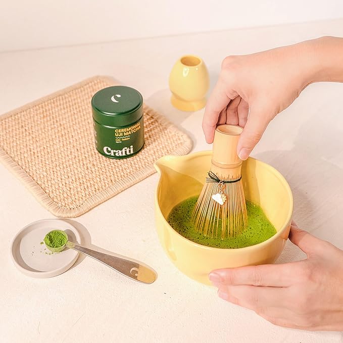 Crafti Matcha Whisk Set | Golden Hour 6-Piece Matcha Kit | Matcha Bowl with Spout, Chasen Bamboo Whisk, Whisk Holder and Whisklet™ Compatible Charms