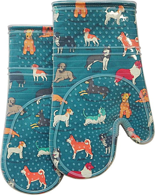 Oven Mitts Set of 2 with Transparent Clear Silicone Shell and Nice Dog Printing Cotton Lining, Heat Resistant to 500 F Kitchen Oven Gloves Pot Holder for Cooking (Blue) by REDLMLDETA