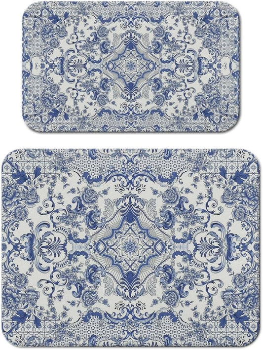 Dish Drying Mat for Kitchen Counter 2 Pack with Non-Slip Rubber Backing - Heat-Resistant Absorbent Coffee Bar Mat, Dish Rack Mat, Blue and White Pattern Dish Drying Mats 18x24+19.5x12 inch