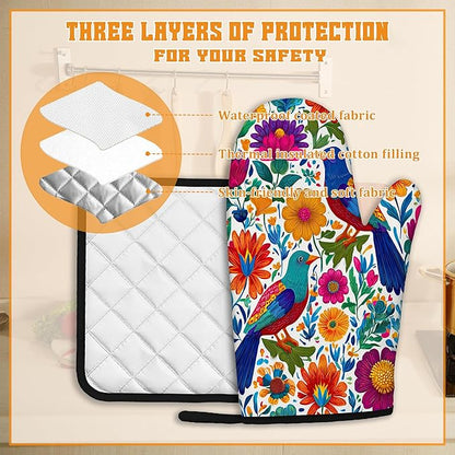 Colorful Bird Oven Mitts and Pot Holders,Flowers Mexican Style Heat Resistant Oven Mitts Gloves and Pot Holder for Home Kitchen Decorations Cooking Baking BBQ Gifts,Set of 4