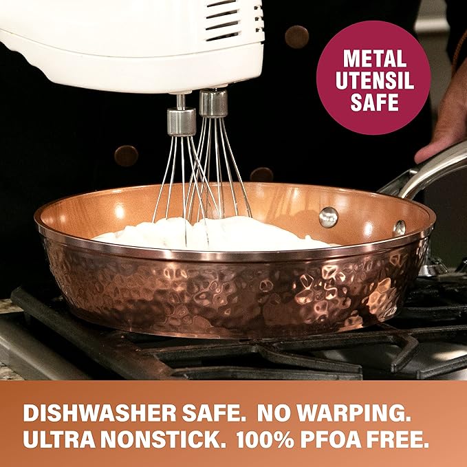 Gotham Steel 10 Inch Hammered Non Stick Frying Pans, Nonstick Frying Pan with Lid, Nonstick Pan, Ceramic Frying Pans Nonstick Skillet, Ceramic Pan, Non Stick Pan, Copper Pan, Dishwasher / Oven Safe - Image 6