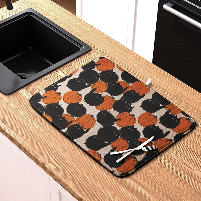Happy Halloween Dish Drying Mat for Kitchen Counter 16x18 Inch Cute Pumpkin Black Cat Trick or Treat Drying Mats Large Microfiber Absorbent Dish Rack Pad for Coffee Bar Sinks Home Accessories - Image 6